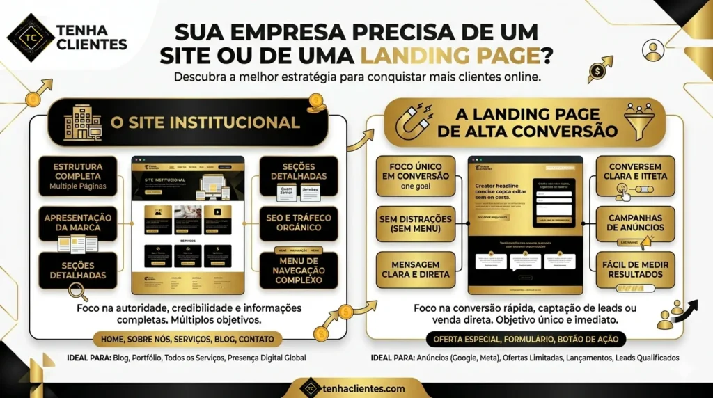 Infográfico mostrando a diferença entre site institucional e landing page de alta conversão.